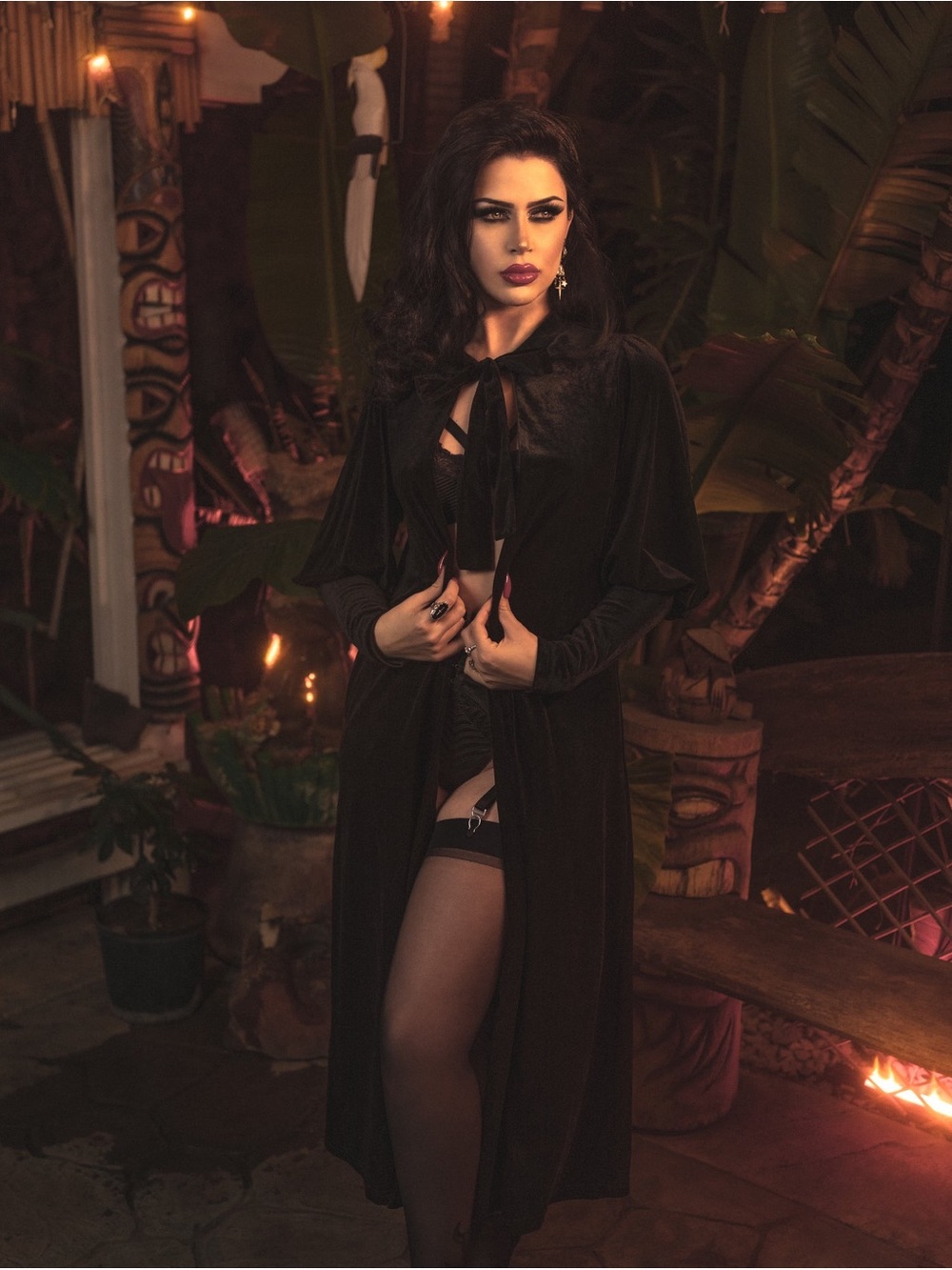 Lively Ghosts Morticia Duster Long Black Velvet Tie-Front Cape Robe Goth Witchy